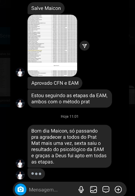 Mensagem de aluno aprovado no CFN e na EAM