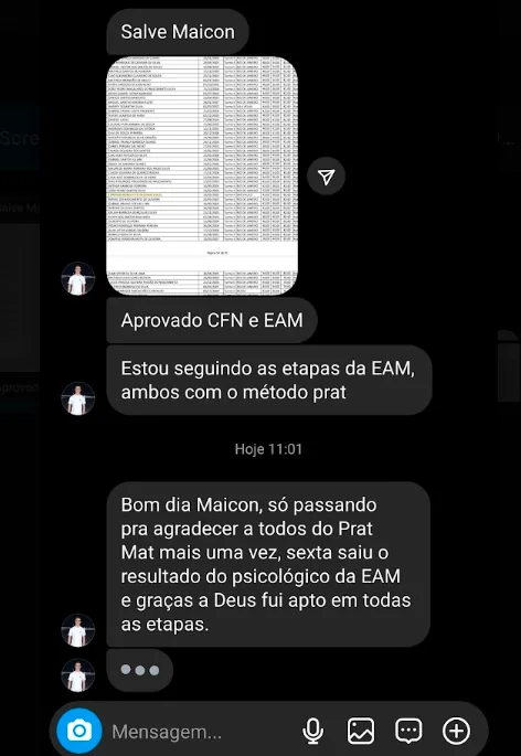 Mensagem de aluno aprovado no CFN e na EAM