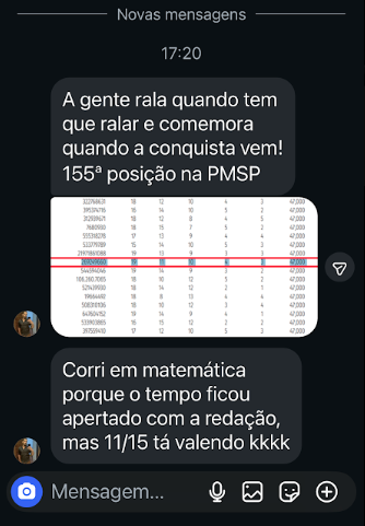 Mensagem de aluna classificada em 155ª posição na PMSP