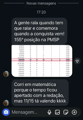 Mensagem de aluna classificada em 155ª posição na PMSP