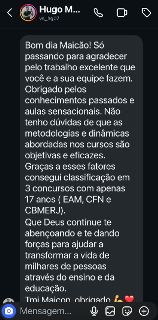 Mensagem de aluno classificado na EAM, no CFN e no CBMERJ