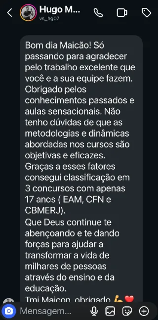 Mensagem de aluno classificado na EAM, no CFN e no CBMERJ