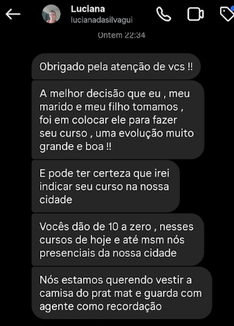 Mensagem de mãe relatando a evolução do filho com o PratMat