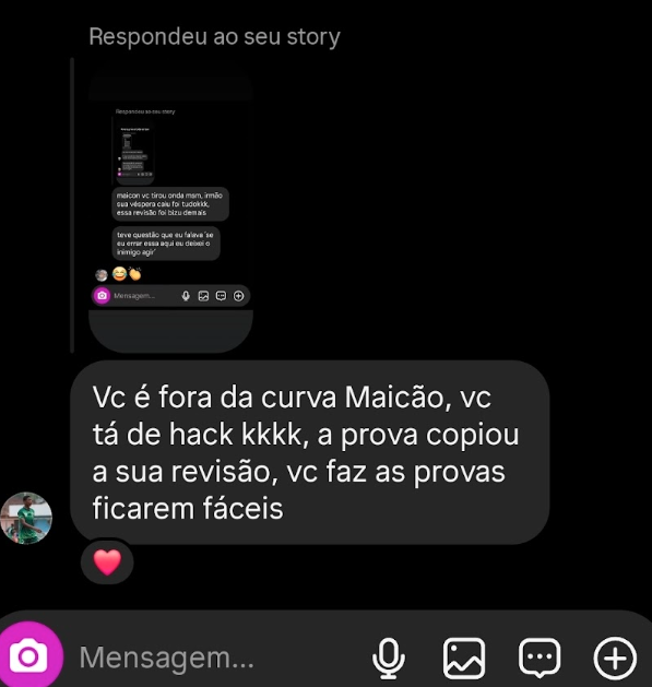 Mensagem de aluno elogiando a revisão do PratMat